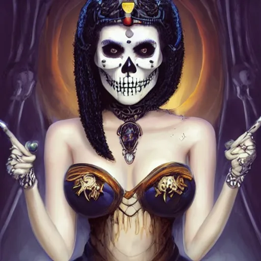 Prompt: cute & beautiful smug smiling undead skeleton girl with very attractive face and black hair dressed as a cleopatra, elegant, digital art, fullbody painting, fantasy, pixar style, painting, pin up, highly detailed, artstation, art by artgerm, vrubel, greg rutkowski, ilya kuvshinov, raymond swanland