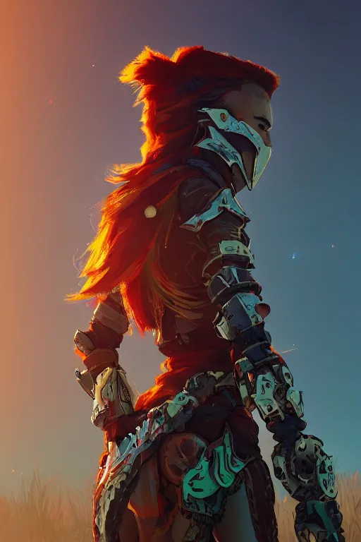 Image similar to combination suit armor aloy horizon forbidden west horizon zero dawn radiating a glowing aura global illumination ray tracing hdr fanart arstation by ian pesty and alena aenami artworks in 4 k tribal robot ninja mask helmet backpack