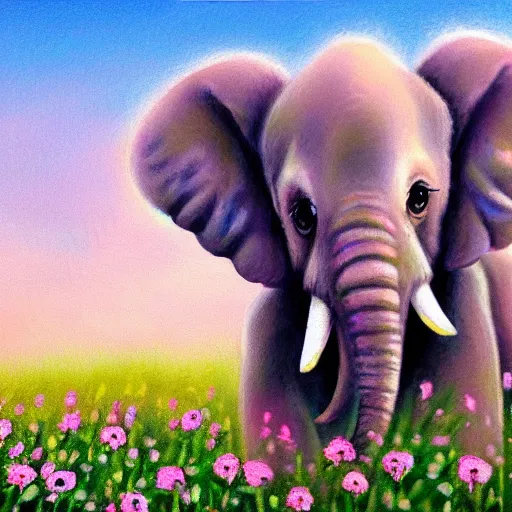 Prompt: cute fuzzy baby elephant with subtle pastel pattern on body in field of pastel flowers detailed painting 4k