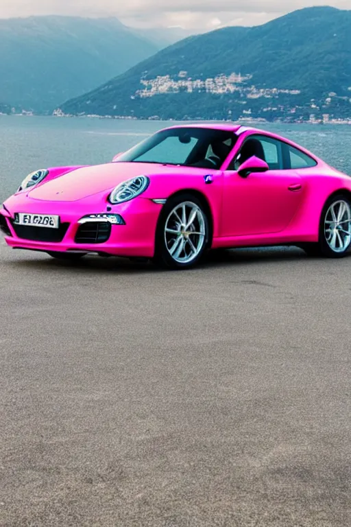 Prompt: Photo of a pink Porsche 911 Carrera 3.2 parked on a dock with Lake Como in the background, wide shot, poster, rule of thirds, photo print, golden hour, daylight, vibrant, volumetric lighting, award winning