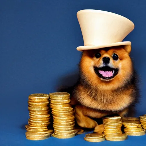 Prompt: a tan pomeranian wearing a top - hat and monocle and sitting on large pile of featureless gold coins