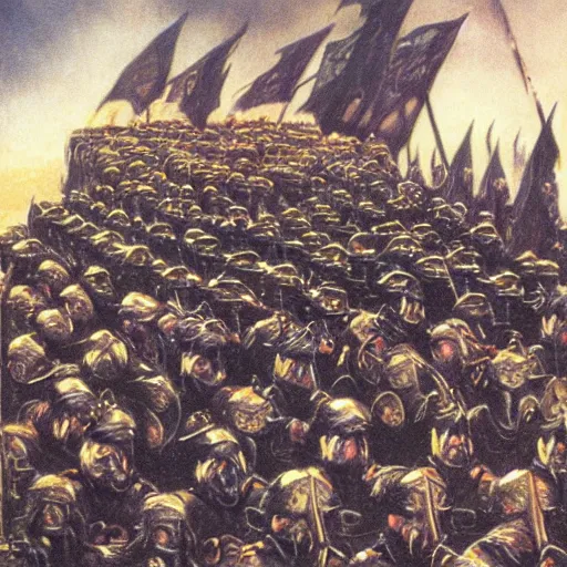 Prompt: dwarven cave fleet day, dwarven military parade, illustration by Alan Lee