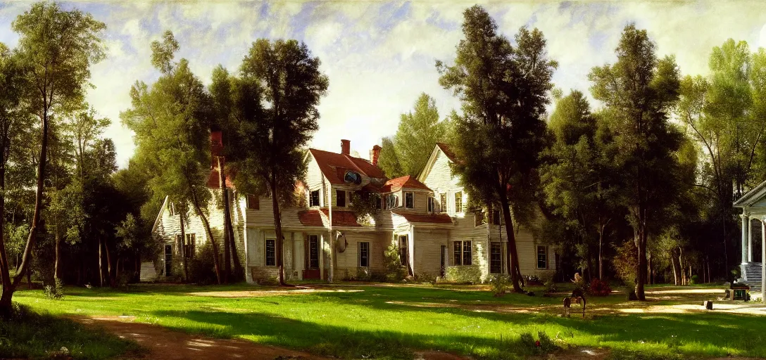 Prompt: a normal middle class suburban 1 9 9 0's american house, it has a driveway and a front yard with a tree in it, by vasily polenov, eugene von guerard, ivan shishkin, albert edelfelt, john singer sargent, albert bierstadt 4 k