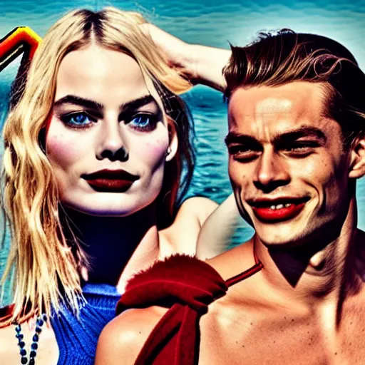 Image similar to margot robbie harley quinn at the beach 4 k detailed super realistic