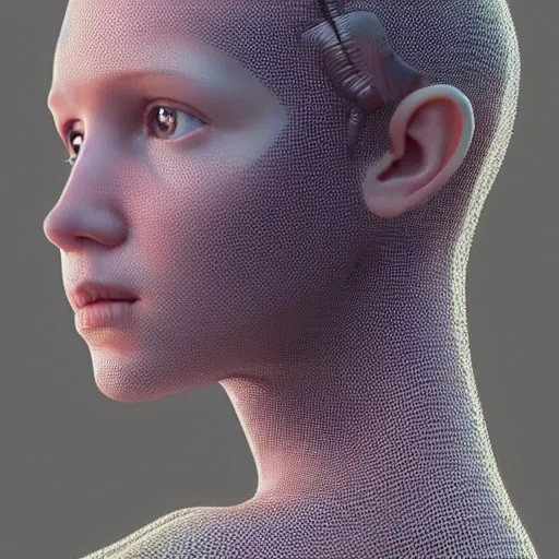 Prompt: weta movie still full body portrait photo, mesh render, of millie bobby brown as a sad translucent plastic cyborg girl by weta