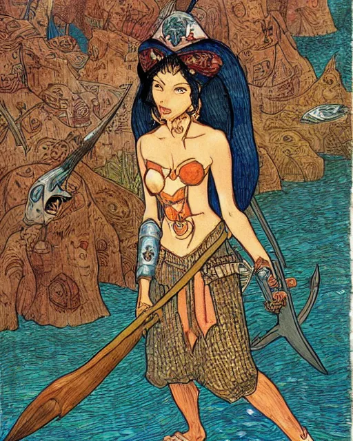 Image similar to a shark pirate queen with iridescent skin color, holding melee weapons by ivan bilibin