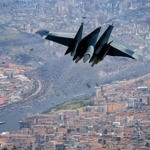 Image similar to fighter jets flying through a city