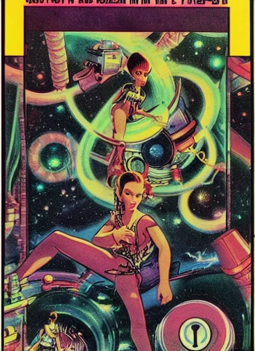 Prompt: Beautiful Super Monkey Ball lives inside a 'GameCube', retro science fiction cover by Jon Steranko and Kelly Freas (1965), vintage 1960 print, tarot card, vivid, highly detailed