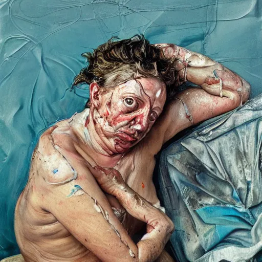 Image similar to high quality high detail painting by lucian freud and jenny saville, hd, drunk, turquoise