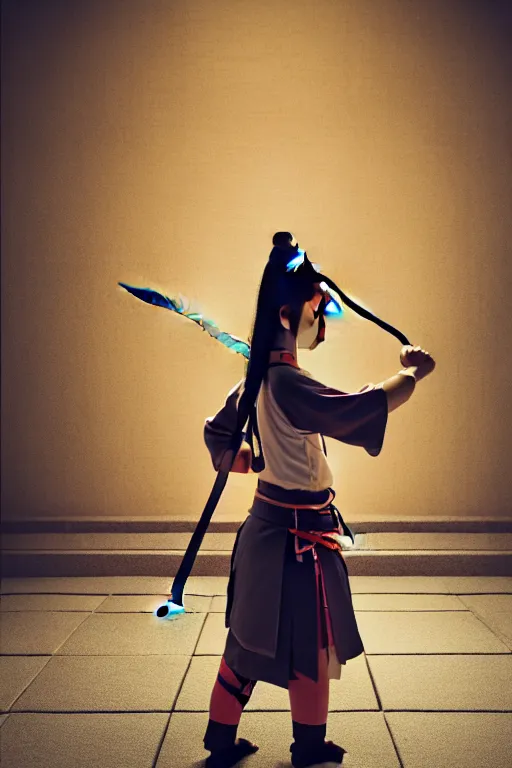 Image similar to highly detailed beautiful photo of a young female samurai, practising sword stances in a temple, symmetrical face, beautiful eyes, realistic anime art style, 8 k, award winning photo, pastels, action photography, 1 / 1 2 5 shutter speed, dramatic lighting