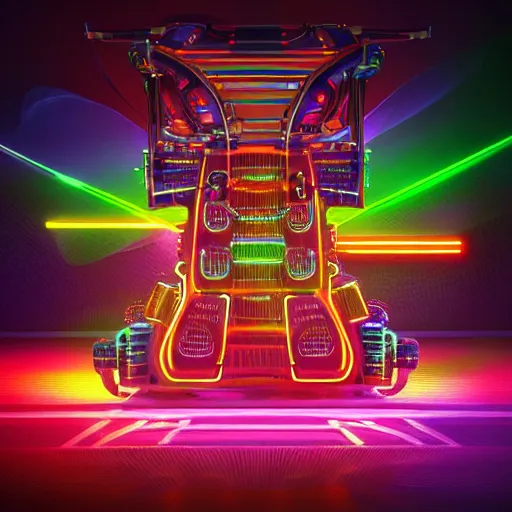 Image similar to album art, the album is called tripmachine,, a huge futuristic steampunk machine made of music instruments, 8 k, fluorescent colors, halluzinogenic, multicolored, blue neon accents, exaggerated detailed, front shot, 3 d render, octane