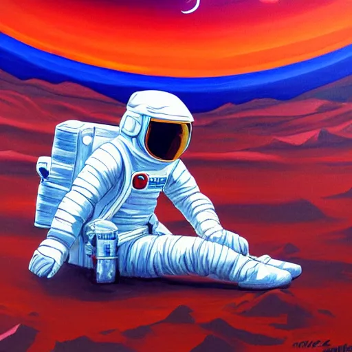 Image similar to an astronaut laying on mars in the style of flooko, acrylic art, detailed, moonlight