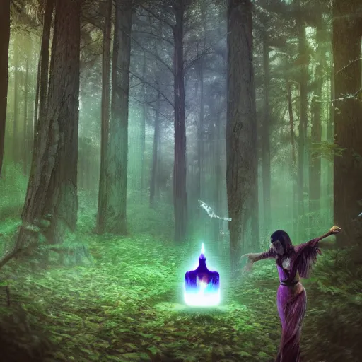 Prompt: A mage casting a spell in a forest, digital art, hyper real