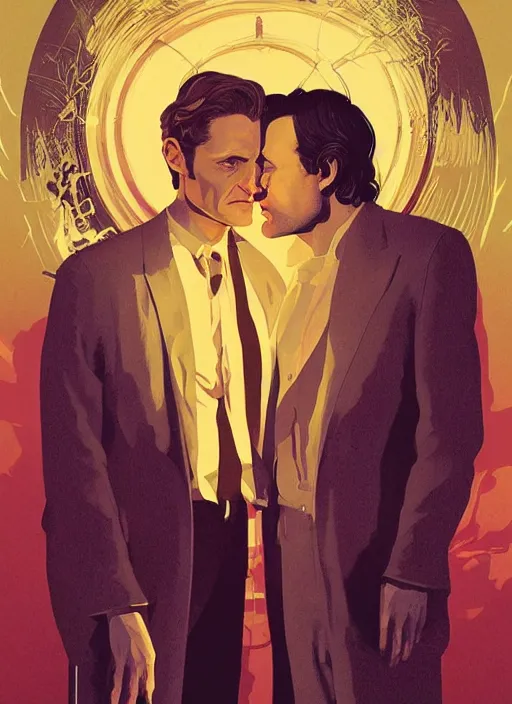 Prompt: poster artwork by Michael Whelan, Bob Larkin and Tomer Hanuka, Karol Bak of portrait of Hugh Dancy & Mads Mikkelsen arm around each other, chaperoning the school dance, from scene from Twin Peaks, simple illustration, domestic, nostalgic, from scene from Twin Peaks, clean