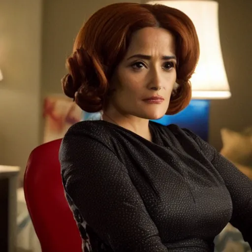 Image similar to a movie still of Selma Hayek in new Mad Men movie as Joan Holloway