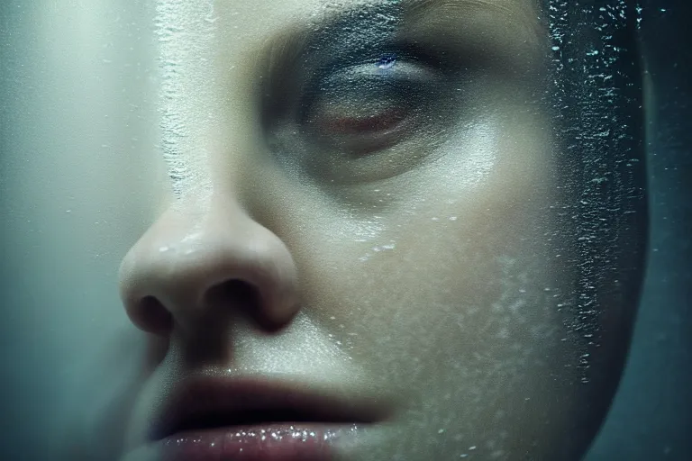 Image similar to an ultra realistic, cinematic, fantasy, portrait, of a woman, face in water, dramatic, soft light, dreamy, facial features, stood in a cell, with prison clothing, detailed, deep focus, movie still, dramatic lighting, ray tracing, by michal karcz and yoshitaka amano