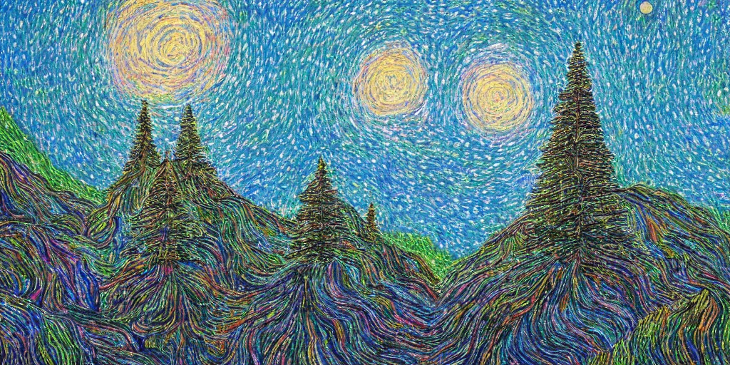 Image similar to 🌲🌌, pointalism, acrylic on canvas, expressionism movement, breathtaking detailed, by blake neubert