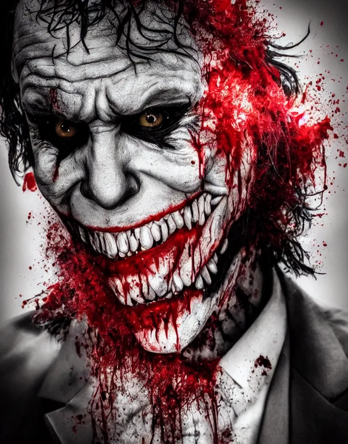 Image similar to a really creepy photography of joker, hyper realistic, ultra detailed, portrait photo, black background, horror, blood