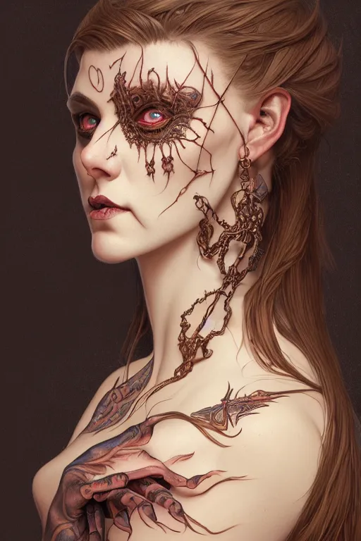 Image similar to portrait of a satanic witch, tattooed face, upper body, decorated, intricate, elegant, highly detailed, digital painting, artstation, concept art, smooth, sharp focus, illustration, art by artgerm and greg rutkowski and alphonse mucha, 8 k