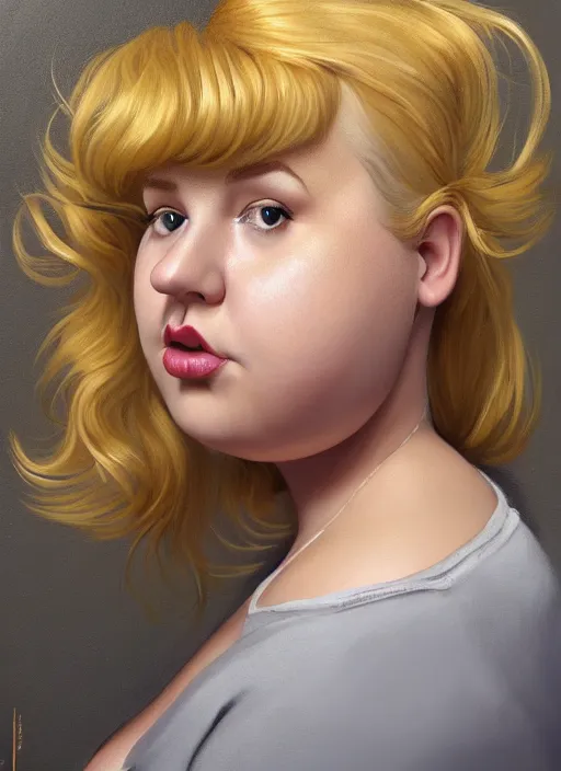 Image similar to full body portrait, teenage betty cooper, blonde hair, obese, bangs, ponytail, sultry, realistic, sultry smirk, fluffy bangs, curly bangs, fat, belly, beautiful girl, intricate, elegant, highly detailed, digital painting, artstation, concept art, smooth, sharp focus, illustration, art by wlop, mars ravelo and greg rutkowski