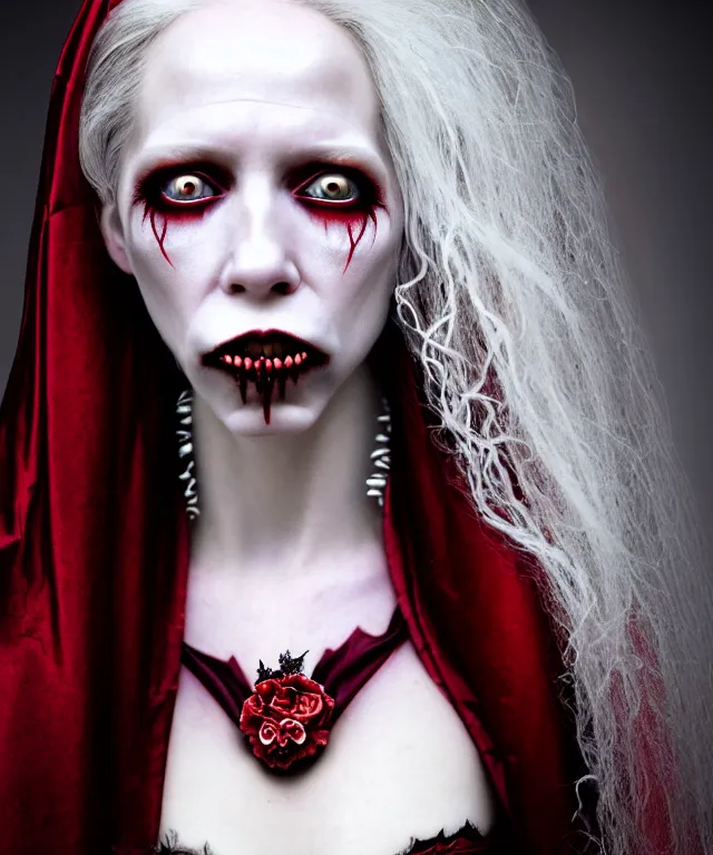 Prompt: surreal highly detailed portrait of a beautiful female vampire, long flowing silver hair, depressing hopeless horrific vibe, 150 mm lens, soft rim light, fine floral white lace collar, bold crimson ornate robes, pronounced facial contouring, devious evil expression displaying vampire fangs, pale skin, Alexander McQueen, high fashion, haute couture, rococo, anatomical, elegant, hyper realistic, octane render, unreal engine, by Man Ray and Dora Maar, volumetric lighting, 8k, vibrant high contrast coloring