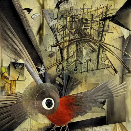 Image similar to a mechanical bird wanders between the virtual realms of urban informatics and computational social science, collage artwork by dave mckean and ivan shishkin and roberto matta