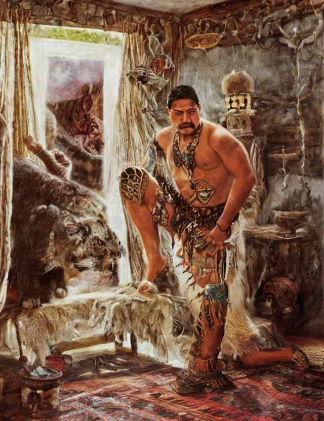 Image similar to mayan jaguar warrior in country house, cottage core, cinematic focus, polaroid photo bleached vintage pastel colors high - key lighting, soft lights, foggy, by steve hanks, by lisa yuskavage, by serov valentin, by tarkovsky, detailed, oil on canvas