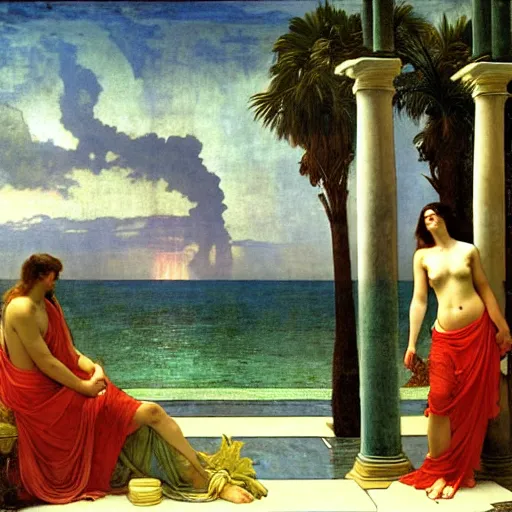 Prompt: The giant column, thunderstorm, greek pool, beach and palm trees on the background major arcana sky, by paul delaroche, alphonse mucha and arnold böcklin arnold böcklin hyperrealistic 8k, very detailed