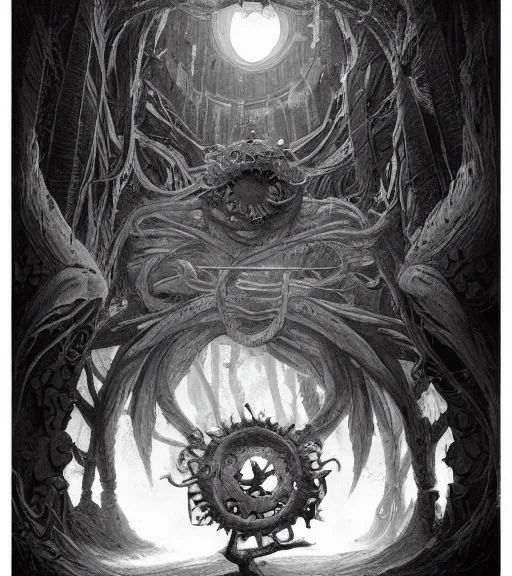 Image similar to beautiful beholder black and white drawing, in the style of greg rutkowski, fantasy, amazing detail, epic, intricate, elegant, smooth, sharp focus