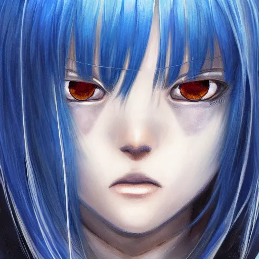 Image similar to face shot of rimuru tempest, sky blue straight hair, long bangs, with amber eyes, gold eyes, wearing a black jacket, high collar, ultra detailed, brush strokes, digital painting, cinematic, wlop artstation, closeup, pixiv, eerie, scary, intimidating glare, evil, yoshitaka amano, junji ito,