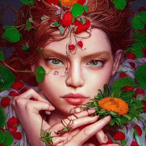 Prompt: the portrait of an absurdly beautiful, graceful, elegant, chaste, young woman made of strawberries and green petals, an ultrafine detailed illustration by kim jung gi, irakli nadar, intricate linework, bright colors, octopath traveler, final fantasy, angular, unreal engine 5 highly rendered, global illumination, radiant light, detailed and intricate environment