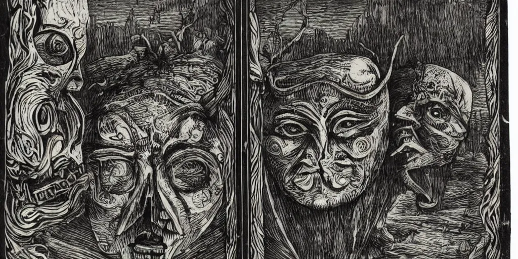 Prompt: scan of book with wood engravings of tyrolean folklore masks, scary dark, dark ink, old paper