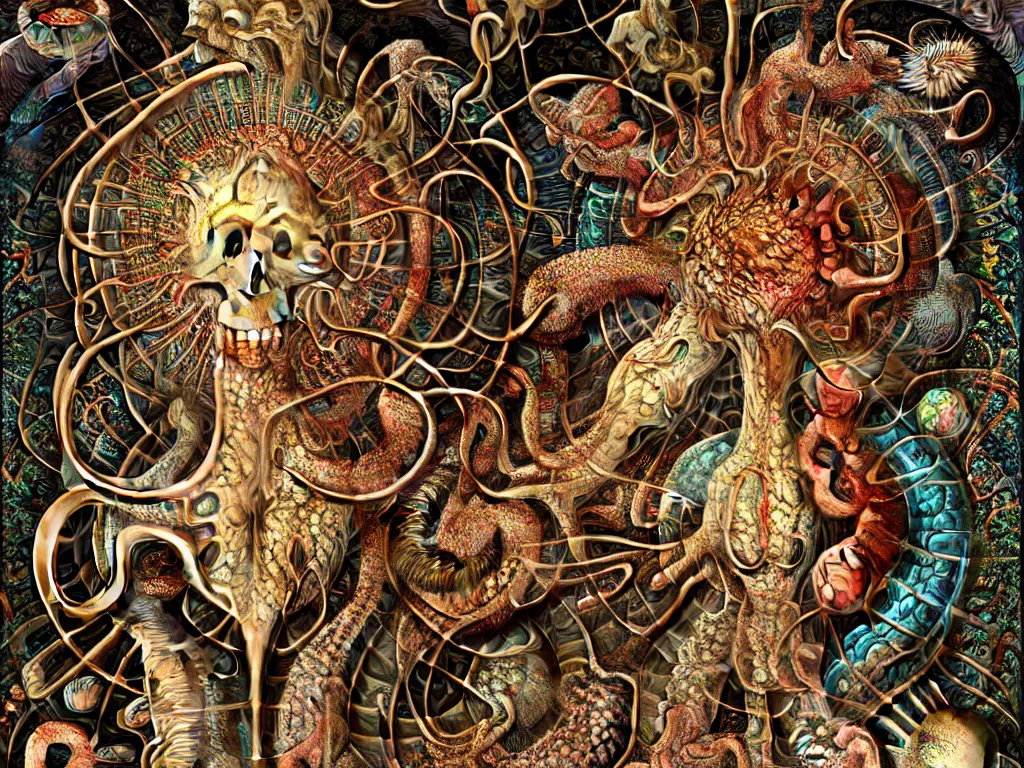 Image similar to humans eating youself in ancient city art by ernst haeckel, fractal, hypermaximalism unreal render engine 8 k