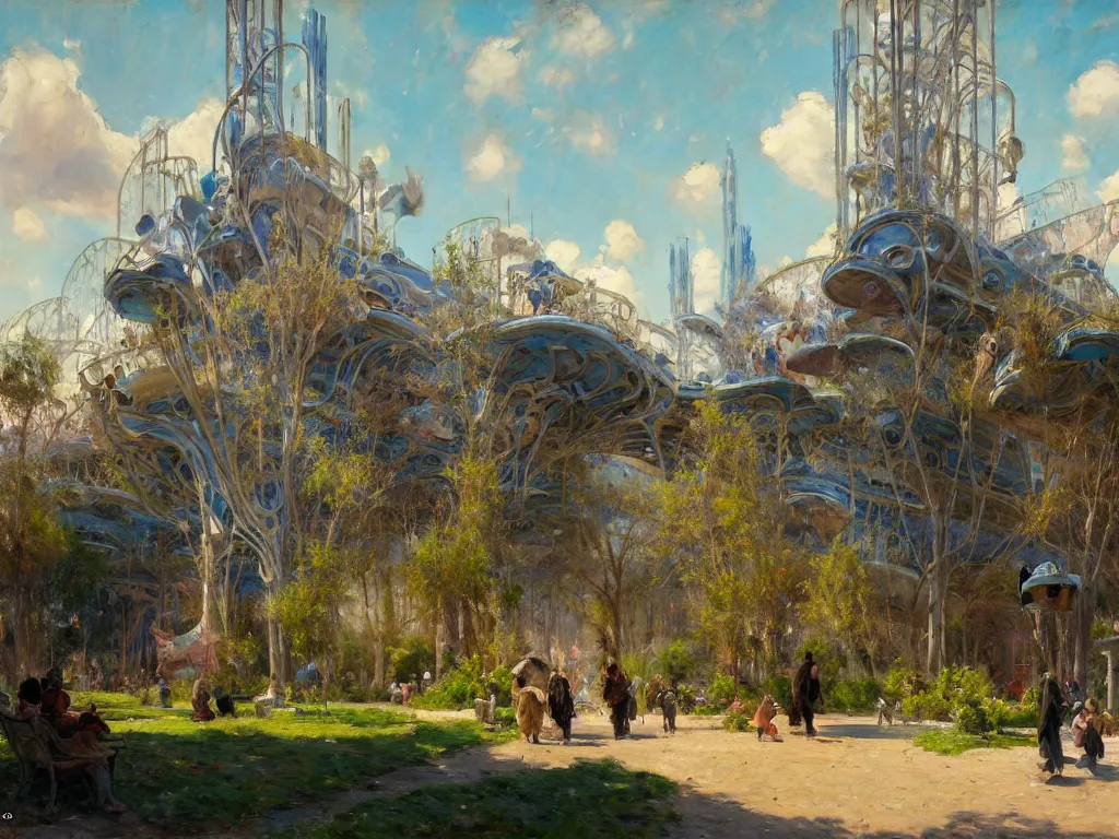 Image similar to impressionist brushstrokes!!!! solomon joseph solomon and richard schmid and jeremy lipking victorian loose genre loose painting of a busy elaborate ornate outdoor sci - fi park, cinematic, shadows, partly cloudy day, 4 k, detailed, by ( ( ( zaha hadid and beeple ) ) )