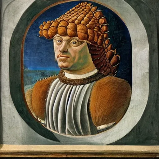 Image similar to portrait of ankylosaurus dressed as an italian nobleman, 1 4 0 0, painting by botticelli