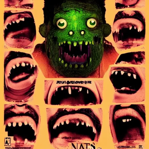 Image similar to a movie poster for the live action horror movie nostril snot angry monster invaders from pimple face. photograph collage horror poster.