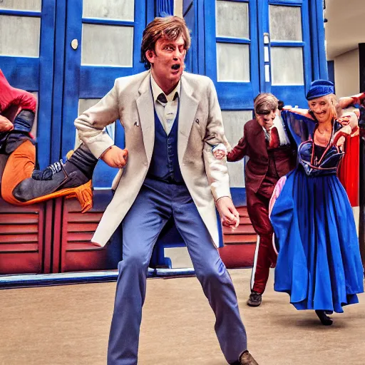 Image similar to the tenth Doctor Who at a polka dancing contest at the YMCA gym, everyone in the background cheering him on, the Tardis door is open, cgsociety, artstation, UE5, 8K, 4K