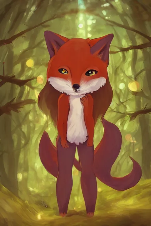 Image similar to a pretty medieval anthropomorphic fox with a fluffy tail in the forest, comic art, trending on furaffinity, cartoon, kawaii, backlighting, furry art!!!, radiant light, bokeh, trending on artstation, digital art, top view