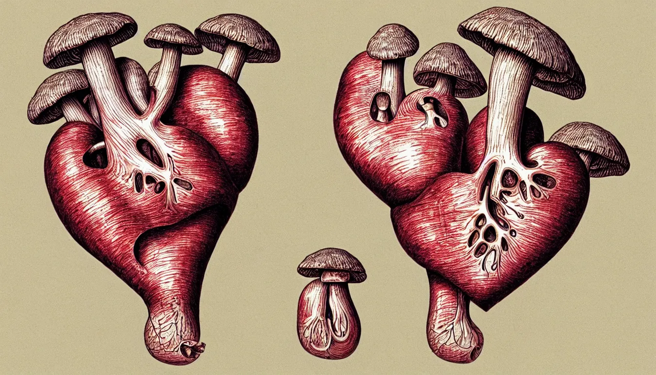 Image similar to a human heart with mushrooms growing out of the valves, anatomically correct drawing