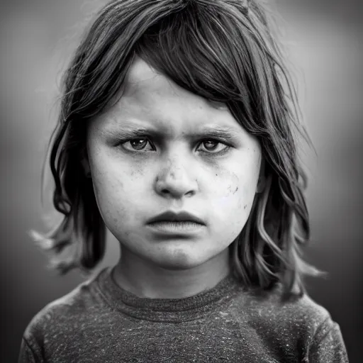 Prompt: stunning portrait photography of A sad child, near forest, outdoors, dark from national geographic award winning, large format dramatic lighting, taken with canon 5d mk4, sigma art lens, monochrome