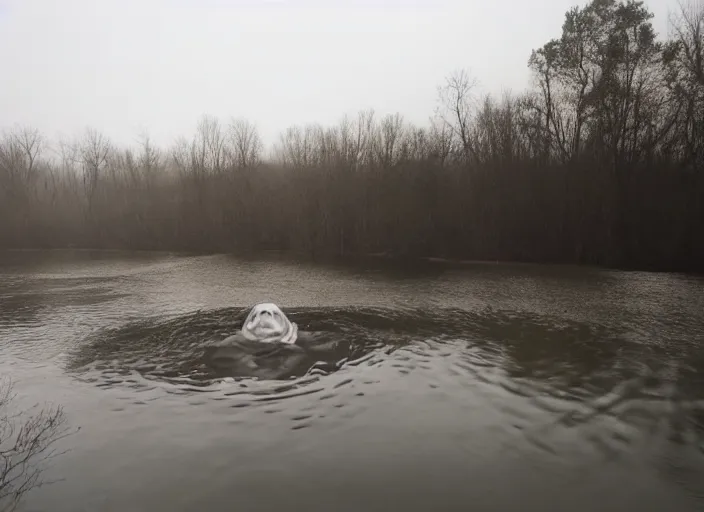 Prompt: photo of a ghostly figure floating over a river, cinematic, blair witch project, real