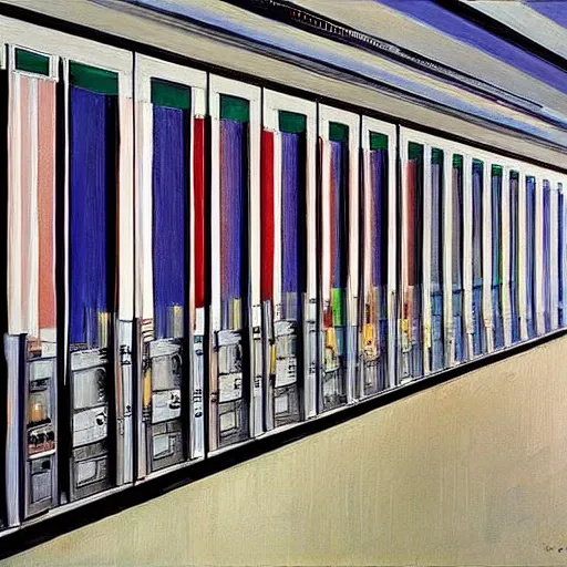 Image similar to a painting by Wayne Thiebaud inside of a high end data center that's on fire!!!!!!! by Wayne Thiebaud