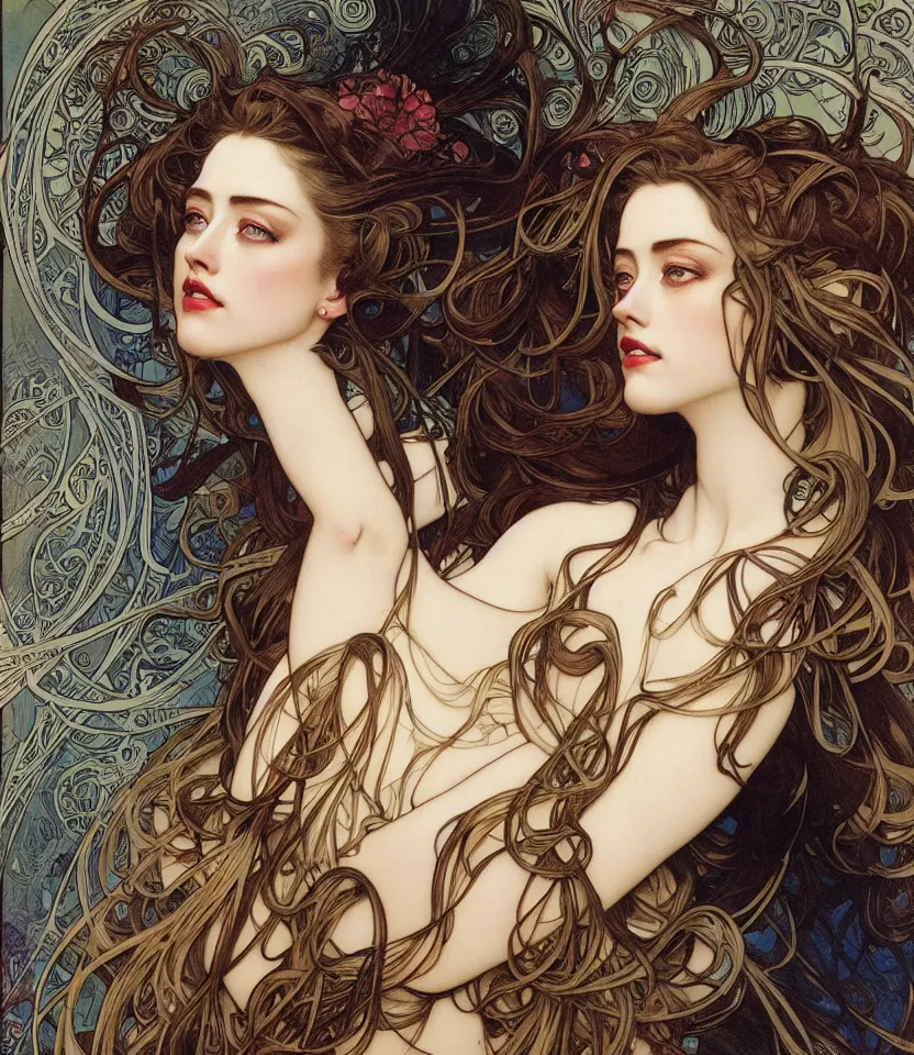 Prompt: detailed portrait of amber heard by alphonse mucha, ayami kojima, yoshitaka amano, charlie bowater, karol bak, greg hildebrandt, jean delville, and mark brooks, art nouveau, pre - raphaelite, neo - gothic, gothic, art nouveau, intricate fine details, exquisite, rich deep moody colors, beautiful detailed background