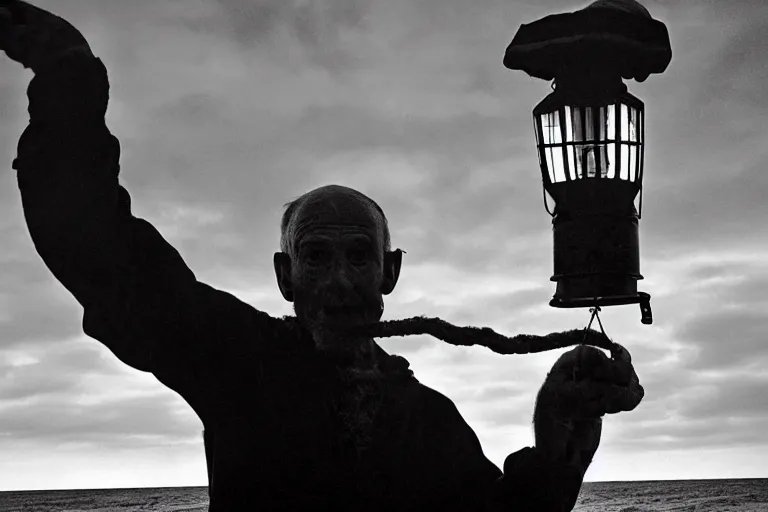 Image similar to closeup old man holding up a lantern on the beach in a pirate ship bay meet to a old wood shack by emmanuel lubezki