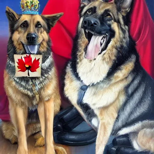 Image similar to an oil painting of a 6 4 years old man as the king of canada, and a german shepherd sitting on his legs