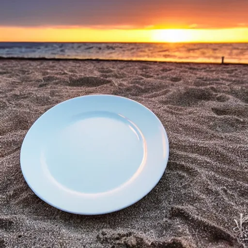 Image similar to professional photo of empty white dish in the middle of a table with a sunset on the beach in the background