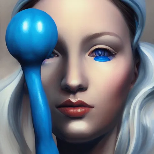 Prompt: a painting of a woman holding a blue object, an airbrush painting by charlie bowater, featured on zbrush central, pop surrealism, airbrush art, behance hd, daz 3 d