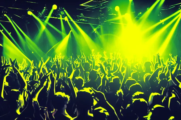 Image similar to crowd partying with their hands up at a club, volumetric lighting, glow sticks, haze, moving heads light beams, spot lights, disco ball, silhouette, digital art, trending on artstation, 4k, unreal engine, intricate, ornate