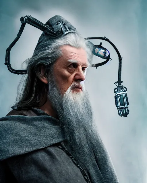 Image similar to gandalf with cybernetic enhancements, androidscifi character portrait by 1 / 4 headshot, cinematic lighting, dystopian scifi gear, gloomy, profile picture, mechanical, half robot, implants, steampunk