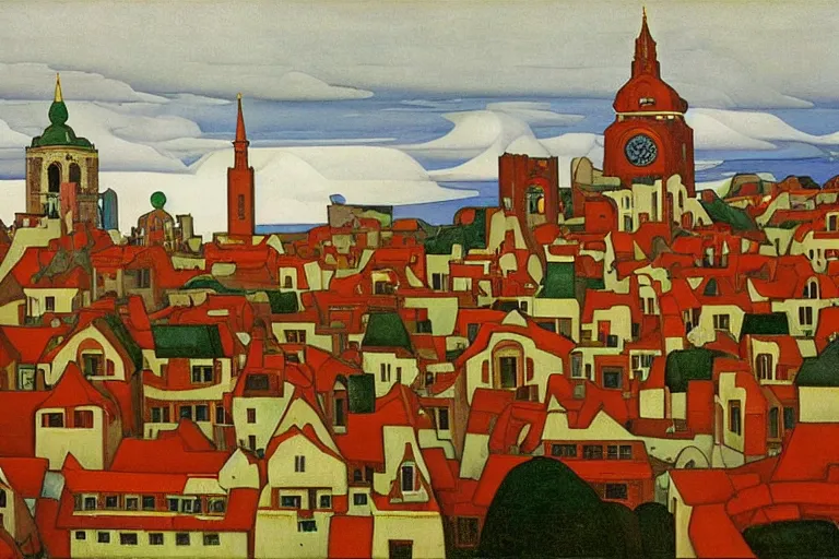 Prompt: view of the old city and its tree-lined winding streets after a storm, tall windows lit up, beautiful ornamental architecture, dramatic cinematic lighting, rich colors, by Nicholas Roerich and and Caspar David Friedrich and ford madox brown and April Gornik and ((Diego Rivera)), featured on artstation